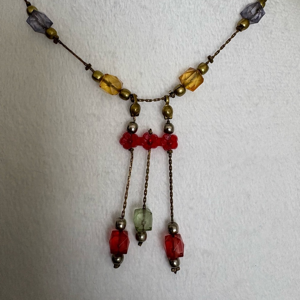 Vintage Beaded Necklace with Red, Yellow, and Green Accents